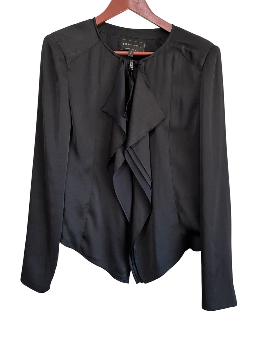 BCBGMaxAzria Women's Black Draped Ruffle Front Zip Satin Jacket Size Large